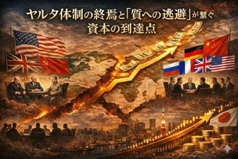 秩序の崩れ目（上流）から、資本の逃避（中流）を経て、株という到達点（下流）へ流れる図