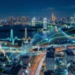 都市の夜景とデータストリームの融合(経済の鼓動)