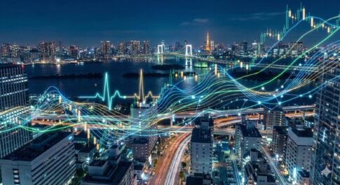 都市の夜景とデータストリームの融合（経済の鼓動）