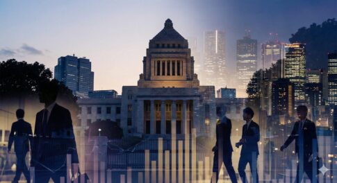 政府官邸とビジネス街の多重露光（国家資本主義の再来）