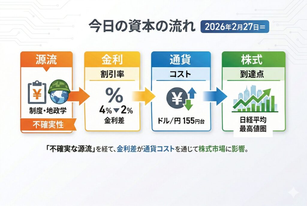 制度・地政学（源流）→ 金利（割引率）→ 通貨（コスト）→ 株（到達点）