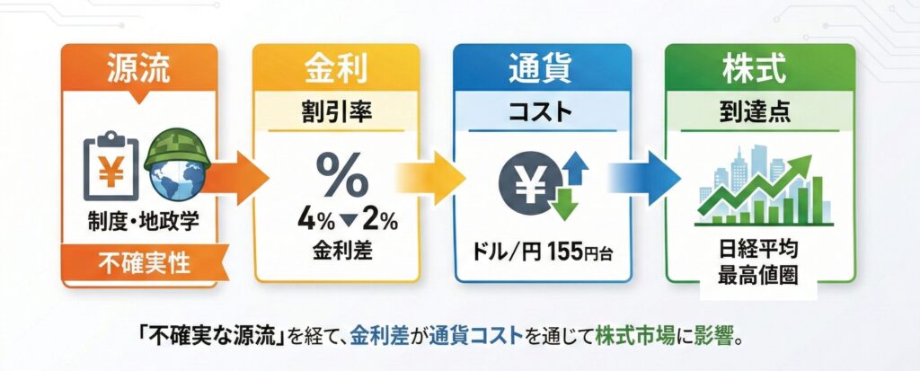 制度・地政学（源流）→ 金利（割引率）→ 通貨（コスト）→ 株（到達点）