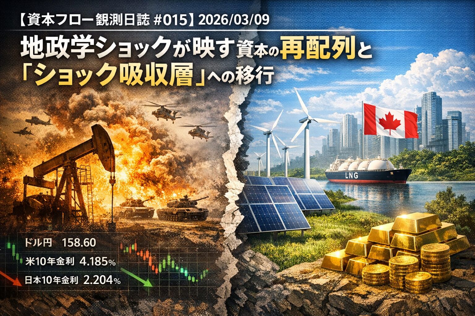 左＝地政学ショックと既存エネルギー依存の世界 右＝資本の再配列先、つまり“ショック吸収層”