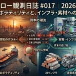 「中東リスクのボラティリティ」と「実需インフラ・素材への資本再配分」という対比構造