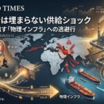 地政学リスク（中東地域の赤色）と資源供給不安（圧力計と油樽）を背景に、資本（光るライン）がグロース・ソフト領域から、エネルギー・港湾・電力網といった「物理インフラ（右側の黄金色のエリア）」へとなだれ込む奔流