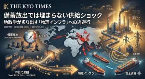 地政学リスク（中東地域の赤色）と資源供給不安（圧力計と油樽）を背景に、資本（光るライン）がグロース・ソフト領域から、エネルギー・港湾・電力網といった「物理インフラ（右側の黄金色のエリア）」へとなだれ込む奔流