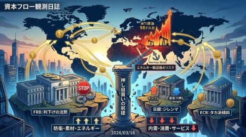 中東情勢の緊迫化による原油高とインフレ懸念が、日米欧それぞれの「中銀の反応関数」を変え、市場の前提を覆しているという構造を可視化したもの