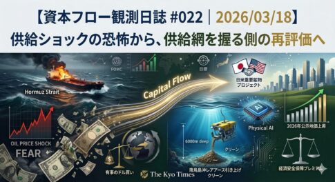 地政学的リスク（ホルムズ海峡の緊張）による原油価格高騰の「恐怖」から、資本が逃げ出し、より安定したサプライチェーン、先端技術（Physical AI）、日本の実物資産、そして日本独自の資源開発といった、「経済安全保障」の観点で「再評価」された領域へと、資金が強力に流れている様子
