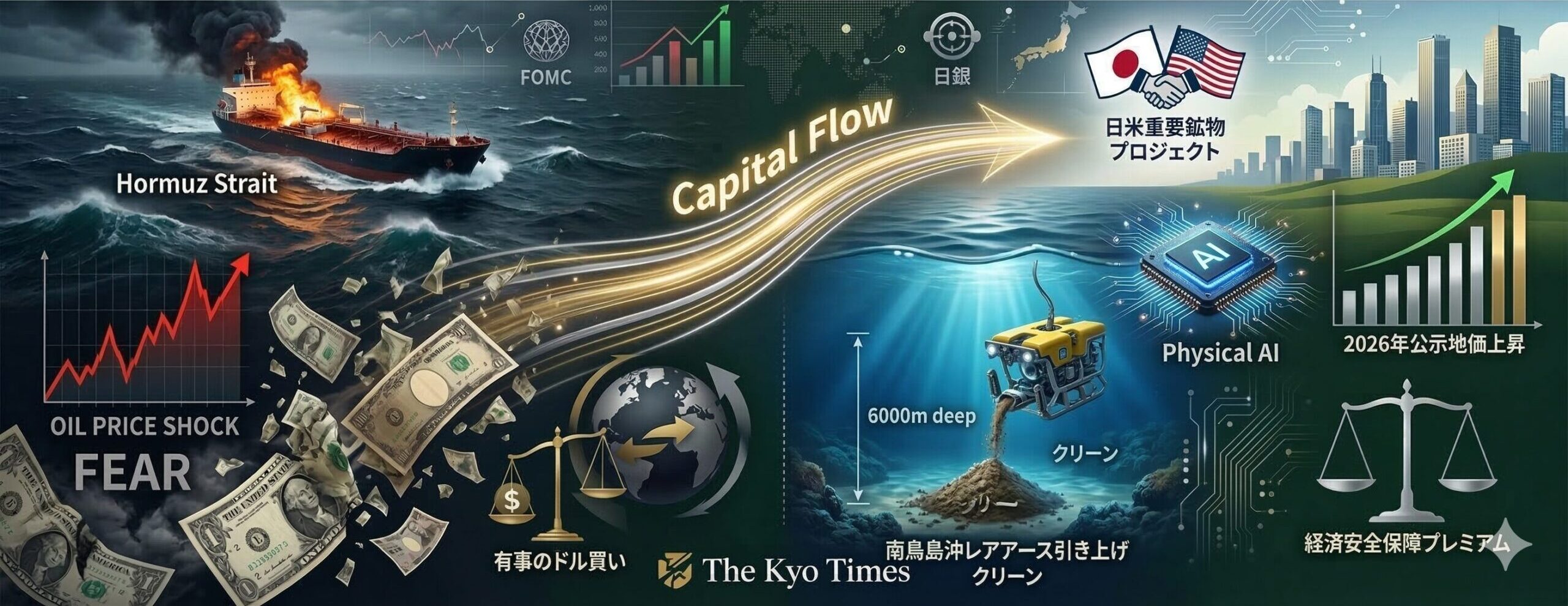 地政学的リスク（ホルムズ海峡の緊張）による原油価格高騰の「恐怖」から、資本が逃げ出し、より安定したサプライチェーン、先端技術（Physical AI）、日本の実物資産、そして日本独自の資源開発といった、「経済安全保障」の観点で「再評価」された領域へと、資金が強力に流れている様子