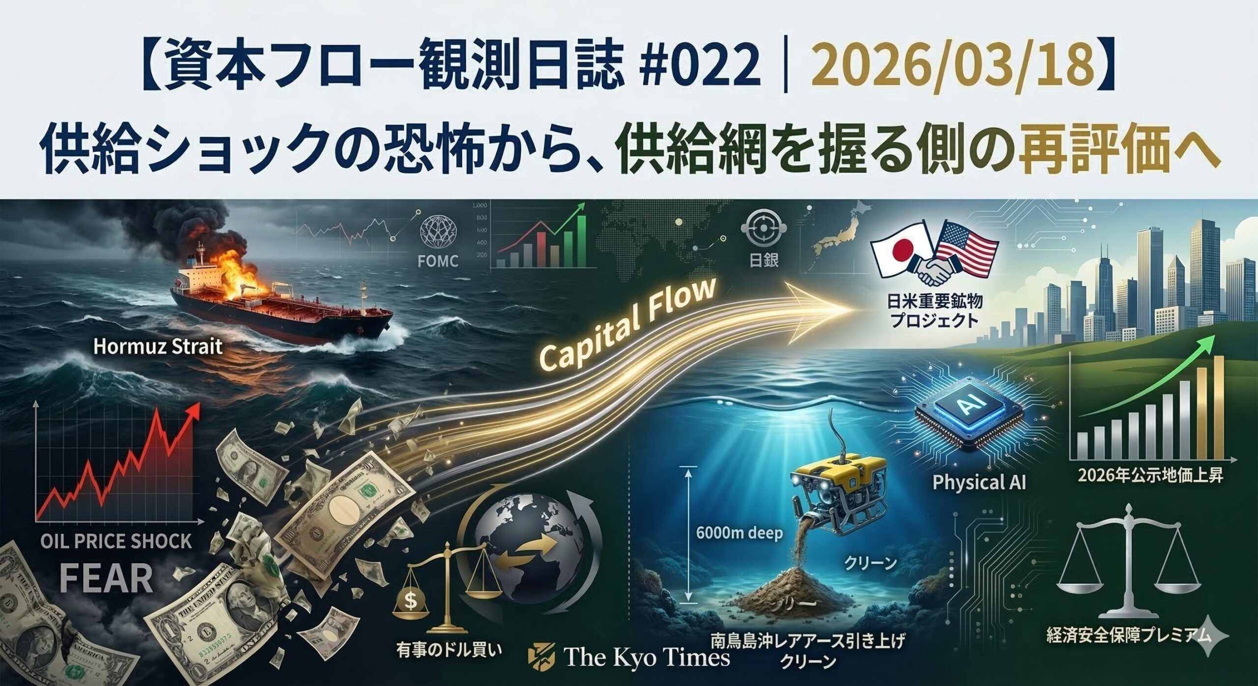 地政学的リスク（ホルムズ海峡の緊張）による原油価格高騰の「恐怖」から、資本が逃げ出し、より安定したサプライチェーン、先端技術（Physical AI）、日本の実物資産、そして日本独自の資源開発といった、「経済安全保障」の観点で「再評価」された領域へと、資金が強力に流れている様子