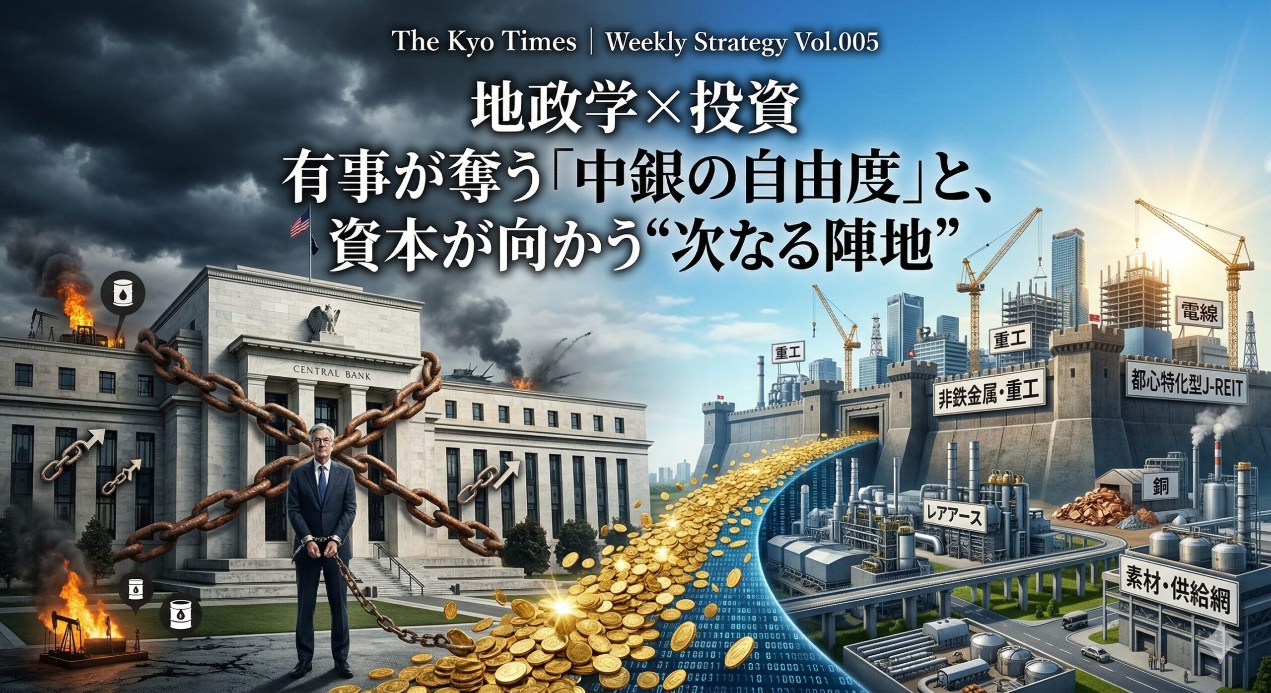 地政学リスク(有事)がいかに中央銀行の選択肢を奪い、資本がどこへ向かおうとしているか」という、今週のレポートの核心的テーマを視覚化