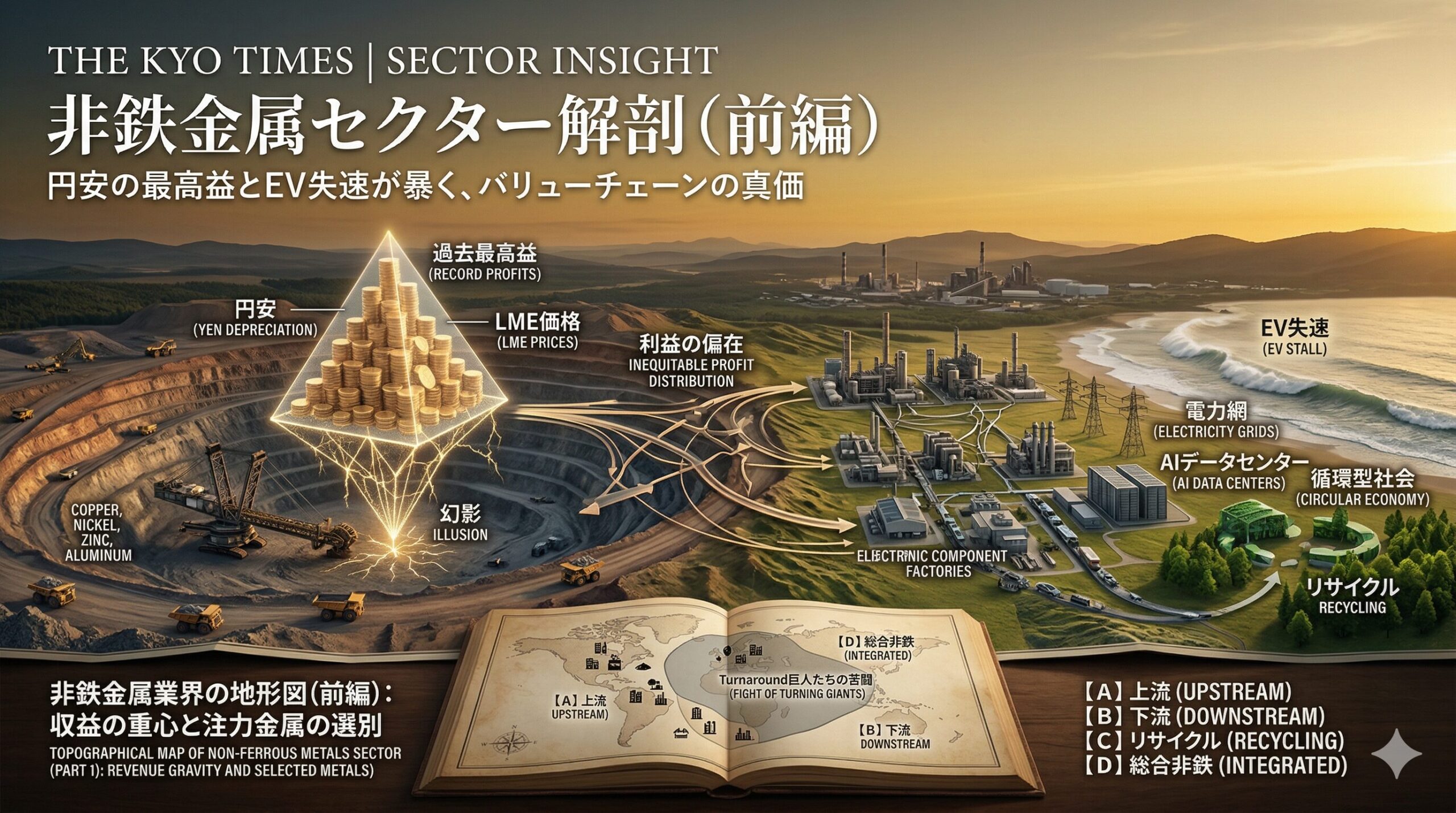 非鉄金属セクターの供給網(サプライチェーン)全体を、上流から下流、そしてリサイクルまでを俯瞰する「地形図」