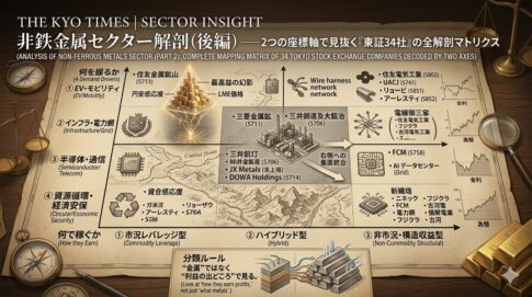 非鉄金属セクターの全34社を2つの座標軸（収益構造と需要ドライバー）でマッピングした、精密な「資本の地形図」