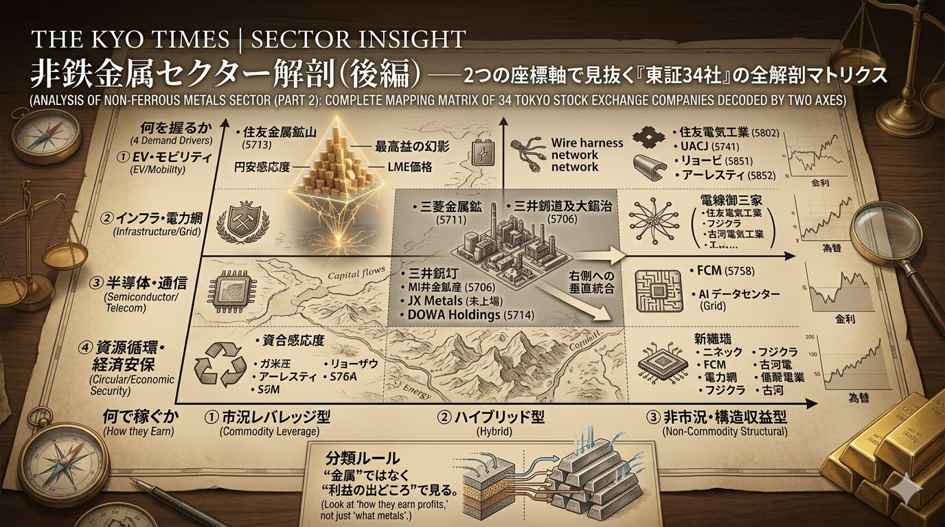 非鉄金属セクターの全34社を2つの座標軸（収益構造と需要ドライバー）でマッピングした、精密な「資本の地形図」