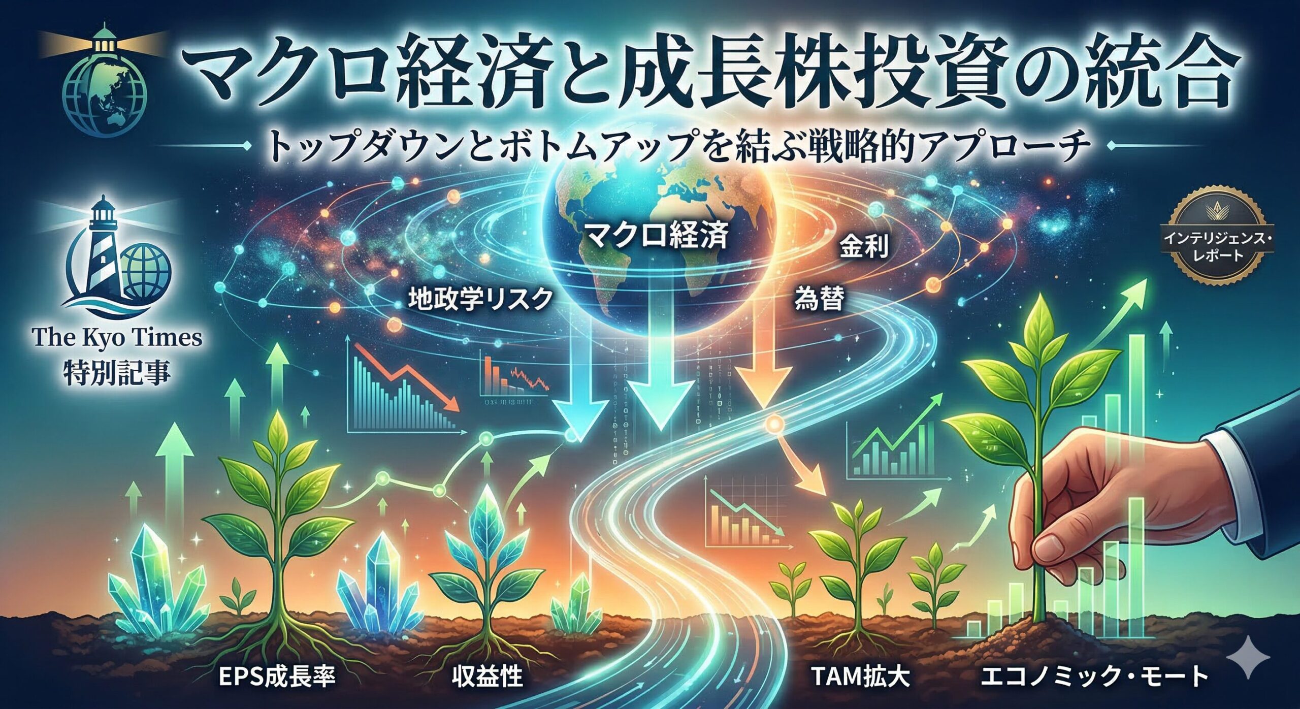 マクロ経済（トップダウン）と個別株の成長（ボトムアップ）が融合し、中長期的なキャピタルゲインへと繋がっていく様子