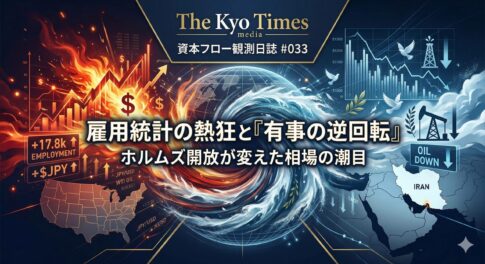 中央の大きな白い日本語テキストが、この記事の核心的なテーマを伝えています。 「雇用統計の熱狂と『有事の逆回転』」 「ホルムズ開放が変えた相場の潮目」