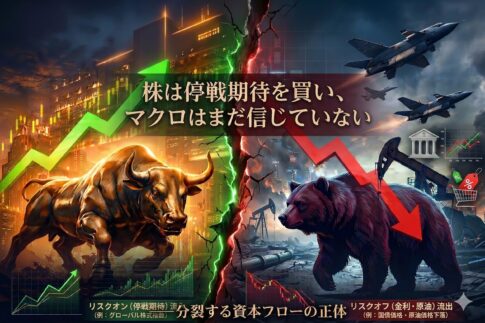 「停戦期待」に基づく株式市場のリスクオンと、「マクロ経済の不信（原油、金利）」のリスクオフという分裂状態を、雄牛と熊の対比、緑と赤のカラーパレット、都会と荒廃した景色の対峙で完璧に伝えている