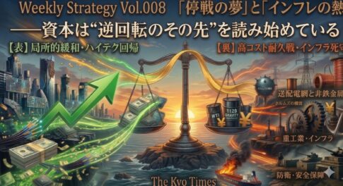停戦の夢（左側の緩和・ハイテク）」と「インフレの熱（右側の高コスト・インフラ）」の対比