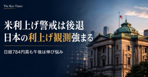 米国の利上げ警戒後退と日本の利上げ観測の強まりをテーマに、日銀本店を背景に「日経784円高も午後は伸び悩み」と示したThe Kyo Timesのサムネイル画像
