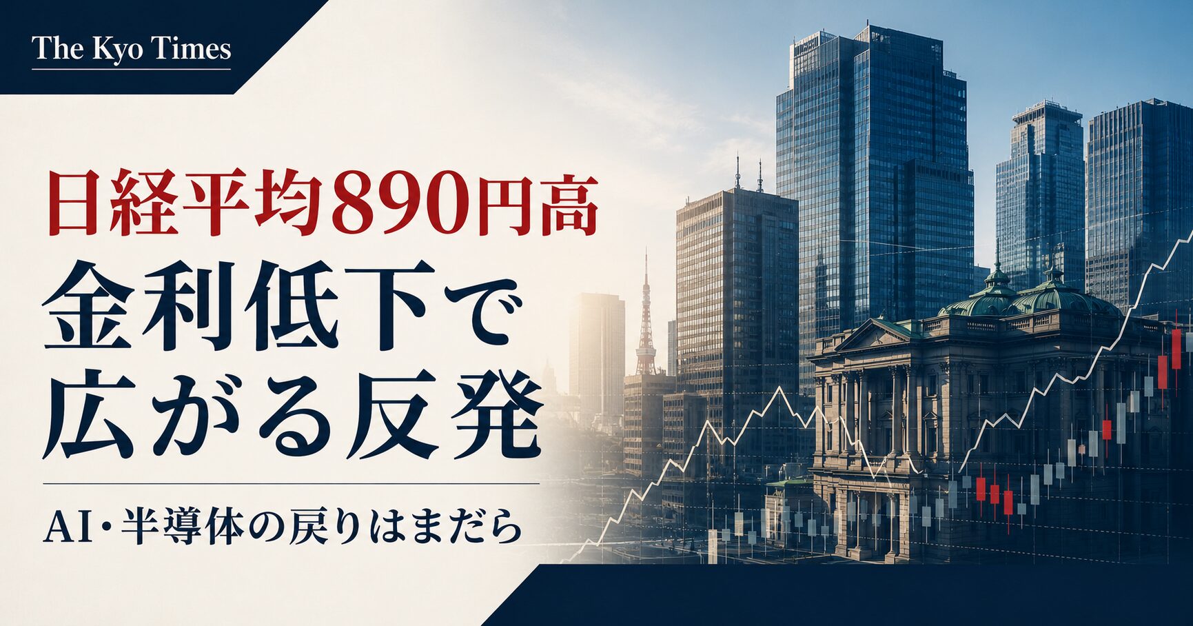 日経平均890円高　金利低下で広がる反発」と題したThe Kyo Timesのサムネイル。東京の金融街を背景に株価チャートを重ね、「AI・半導体の戻りはまだら」