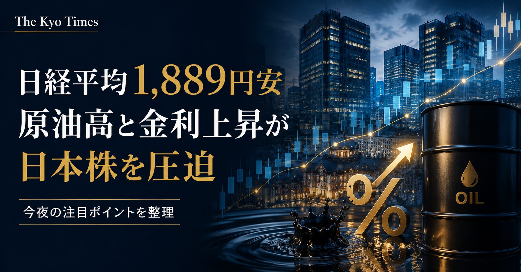 「日経平均1,889円安、原油高と金利上昇が日本株を圧迫」と題したThe Kyo Timesのサムネイル。東京の金融街を背景に、原油を示す黒いドラム缶、金利上昇を象徴する%記号と上向き矢印、市場チャートを配置した金融ニュース風デザイン。