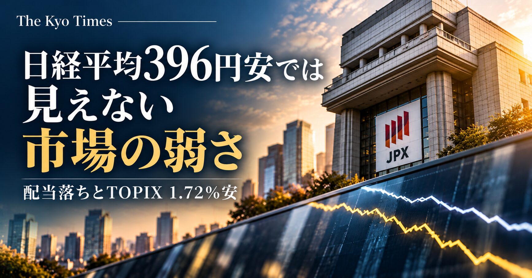 日経平均396円安では見えない市場の弱さ」をテーマに、東京市場を象徴する建物と下降する2本の相場ラインを描いたThe Kyo Timesのサムネイル。配当落ちとTOPIX1.72%安を示している。